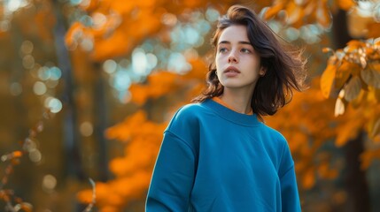 Wall Mural - young woman in blue crewneck sweatshirt mockup autumn fashion portrait with fall colors