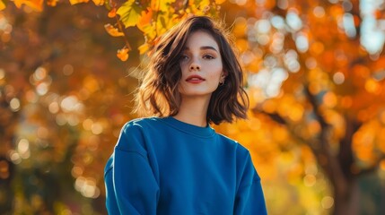 young woman in blue crewneck sweatshirt mockup autumn fashion portrait with fall colors
