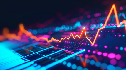 Vibrant digital illustration of abstract financial graph lines floating above a blurred keyboard layout.