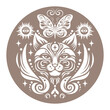 Monohrome illustration on the theme of mystic and esoteric. Head of cat and decorative elements in a circle