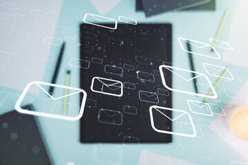Poster - Creative abstract postal envelopes hologram and modern digital tablet on desktop on background, top view, email and notification concept. Multiexposure