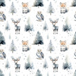 Watercolor seamless pattern of woodland animals: owl, fox, reindeer, and trees isolated on white background.