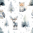 Watercolor seamless pattern with wintry forest animals: fox, reindeer and owl and trees isolated on white background.
