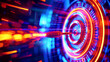 A vibrant image depicting a futuristic target with a dart in motion, set against a backdrop of radiant light streaks.