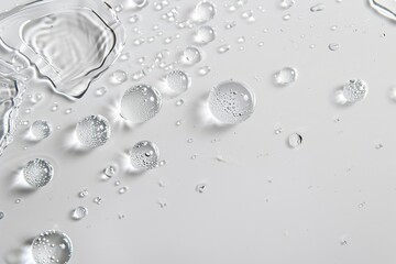 Crystal-clear water droplets with tiny air bubbles, captured in a close-up flat lay on a pristine white background.