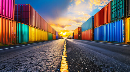 Canvas Print - Vivid sunset illuminating a lineup of colorful shipping containers on a road, creating a striking industrial scene