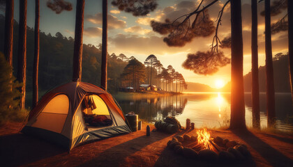 Wall Mural - A serene camping scene at sunset, featuring a tent set up near the shore of a calm lake. The tent is open, showing some camping gear inside