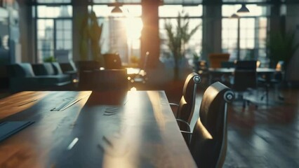 Poster - A large open office space with a wooden table and chairs. The room is filled with natural light and plants, creating a calm and inviting atmosphere