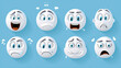 Illustration showcasing a variety of emotive white round faces depicting different expressions on a blue background.