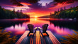 A tranquil lakeside scene at sunset, featuring two Adirondack chairs placed on a wooden dock extending into a calm lake