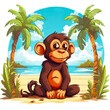 Monkey on the background of the sea coast and palm trees illustration. Cute monkey on vacation clip art. Baby character on the beach