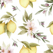 Watercolor vector seamless pattern with lemons, olives and green foliage. Hand painted botanical illustration. Design for wrapping paper, textile, fabric, background.