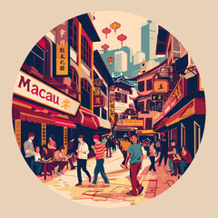 Wall Mural - A busy street scene with people walking and sitting outside of a Macau restaurant. The atmosphere is lively and bustling