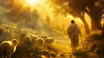 Poster - A tranquil pastoral scene depicting a shepherd with his flock of sheep in a sunlit, misty meadow surrounded by trees.