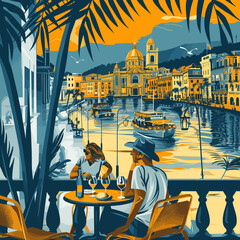 A man and woman are sitting at a table on a balcony overlooking a body of water. The scene is set in a city with boats and palm trees in the background. Scene is relaxed and romantic