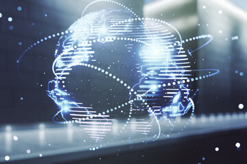 Poster - Abstract graphic digital world map hologram with connections on blurry contemporary office building background, globalization concept. Multiexposure