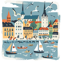 Wall Mural - A colorful cityscape with boats on the water and birds flying in the sky. Scene is lively and bustling