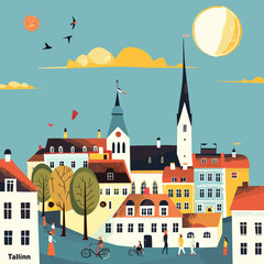 Wall Mural - A painting of a TALLINN city with a large church and a tall tower. The sky is blue and the sun is setting. There are people walking around and a bicycle. The painting is titled Talinn
