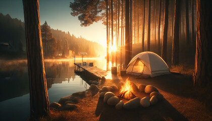 Wall Mural - An idyllic camping scene by a serene lake at sunrise. The scene features a cozy camping setup with a tent nestled among tall pine trees