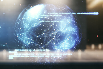 Aufkleber - Abstract virtual coding illustration and world map on blurry contemporary office building background, international software development concept. Multiexposure