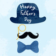 Festive square card with handwritten typography on blue background in flat style. Happy Father's Day concept. Hand drawn hat, pince-nez, moustache, bow tie with grunge textures