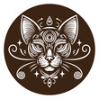 Monohrome illustration on the theme of mystic and esoteric. Head of cat and decorative elements in a circle
