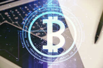 Poster - Creative Bitcoin concept with modern laptop background. Multiexposure