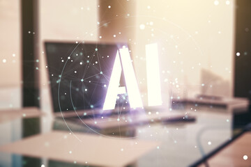 Poster - Creative artificial Intelligence symbol concept with modern laptop on background. Multiexposure