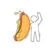 Food icon - man stand with big hotdog. Doodle cute miniature about fast food. Hand drawn cartoon vector illustration for food, menu design.