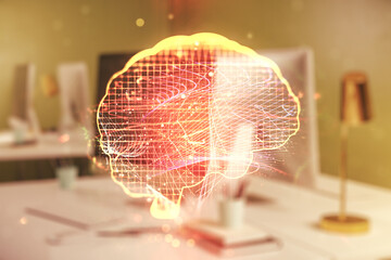 Poster - Double exposure of creative human brain microcircuit with computer on background. Future technology and AI concept