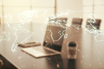 Poster - Abstract creative digital world map on modern computer background, globalization concept. Multiexposure