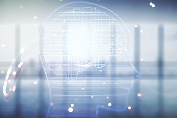 Poster - Double exposure of creative artificial Intelligence hologram on empty modern office background. Neural networks and machine learning concept