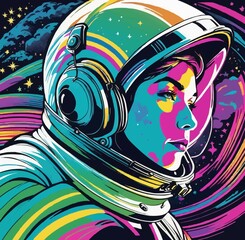 Wall Mural - Stylized image of an astronaut woman. Abstract portrait of a beautiful girl in a space suit. JPEG version of a vector illustration.