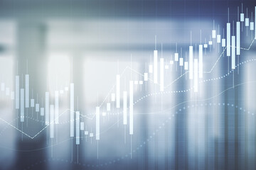 Aufkleber - Multi exposure of virtual creative financial chart hologram on empty modern office background, research and analytics concept