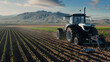 Driving tractor equipped with sensors is meticulously planting seeds in rows.