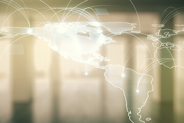 Aufkleber - Double exposure of abstract digital world map hologram with connections on empty room interior background, big data and blockchain concept