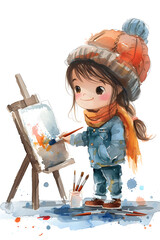 Wall Mural - Happy little girl making a cartoon painting with water on an easel