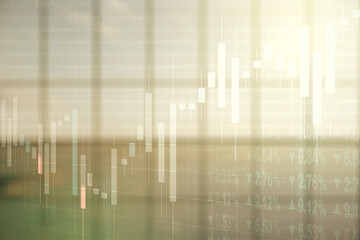 Poster - Multi exposure of abstract virtual financial graph hologram on empty corporate office background, forex and investment concept