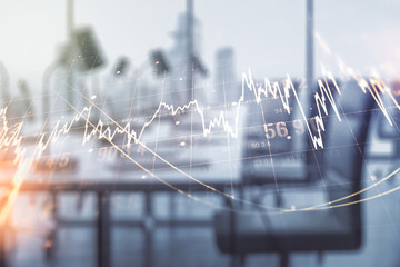 Aufkleber - Multi exposure of virtual abstract financial graph interface on a modern furnished classroom background, financial and trading concept