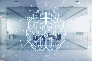 Poster - Double exposure of creative human brain microcircuit hologram on a modern furnished office interior background. Future technology and AI concept