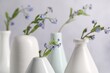 Beautiful forget-me-not flowers in vases on blurred background, closeup