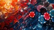Vibrant poker chips scatter across a canvas painted with broad strokes of crimson and navy, suggesting a sense of speed.