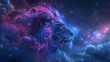 Mythical head of angry lion silhouette set against a starry galaxy with cool blues and purples.