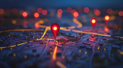 Poster - A red map pin illuminated and casting a glow on a city map during evening hours, highlighting a specific location.