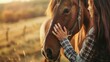 A charismatic closeup portrait of an equine therapist working with a horse in a tranquil field, half body colorful strange bizarre sharpen blur background with copy space