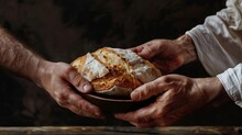 Photorealistic Hands Sharing Bread In Communion Ritual Black Background