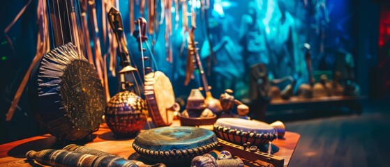 a popup museum features an interactive display of ancient musical instruments that visitors can play