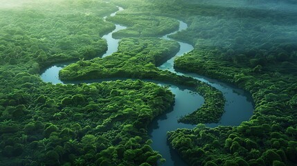 Poster - serpentine amazon river winding through lush peruvian rainforest aerial landscape view digital illustration