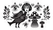 Black and white illustration on the theme of mystic and esoteric. The mythical bird with woman face and decorative elements