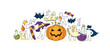 Halloween background with cute doodle pumpkin, spooky ghosts, bats and zombie hand. Halloween poster with happy characters in witch and mummy costumes, vector hand drawn illustration